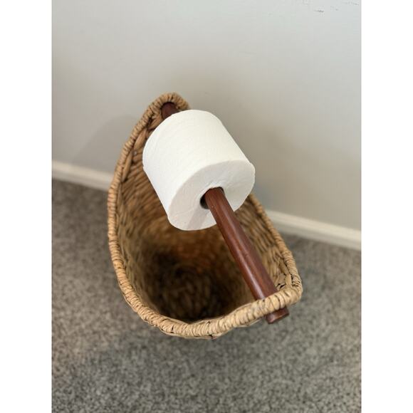 Toilet Paper Storage Basket w/ Roll Holder, Natural - Wicker Bathroom Tissue Bin - Picture 5 of 7